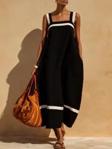 Elegant black sleeveless maxi dress with white stripes in premium cotton linen blend