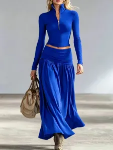 Women Elegant Fall Winter Long Sleeve Stand Collar Top And Low Waist Pleated Maxi Skirt Set Fashion Outfit
