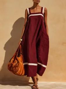 Bohemian cotton-linen sleeveless maxi dress with square neck and stripe patchwork detail