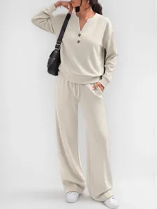Donne Casual Tinta Unita Manica Lunga Scollo a V Bottoni Top E Vita Alta Gambe Sarghe Pantaloni Larghi Sportivi Set