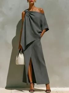Elegant grey one-shoulder knot top and slit maxi skirt two-piece set for women