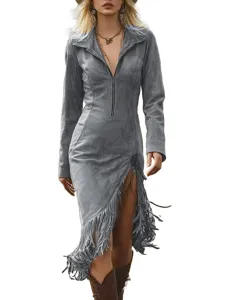 Western style grey suede long-sleeved dress featuring fringe hemline and front zipper detail.