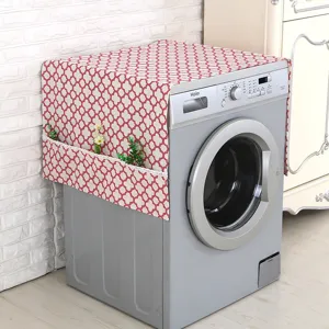 Funda antipolvo geométrica roja y blanca para electrodomésticos con prácticos bolsillos laterales
