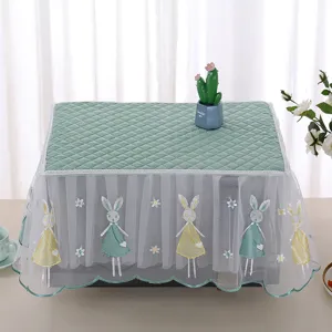 Close-up of microwave dust cover with green quilted top and lace rabbit embroidery
