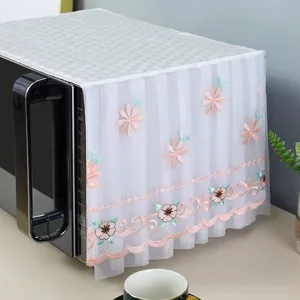 Macro view of white lace microwave dust cover featuring delicate pink floral embroidery detail.