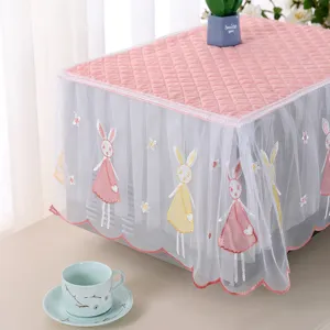 Detail of pink lace microwave dust cover with cute rabbit embroidery and ruffled edge