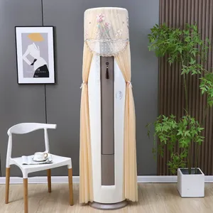 Elegant beige lace cylindrical air conditioner dust cover with floral embroidery details