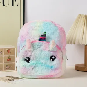 Macro view of a colorful plush unicorn backpack featuring soft fur and big eyes