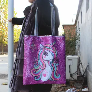 Lila Pailletten Einhorn-Einkaufstasche mit Regenbogen-Mähne für Schüler und Freizeit