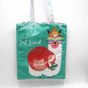 Pailletten-Tragetasche mit Lama- und Faultier-Cartoon und „Different But Best friend“-Text.