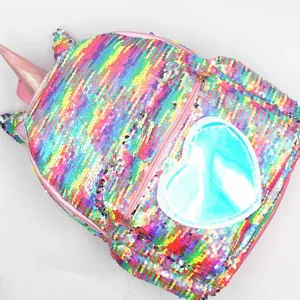 Rainbow reversible sequin unicorn backpack with holographic heart for school girls
