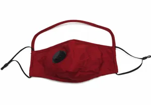 Mascarilla de algodón roja PM2.5 con válvula de respiración y correas ajustables negras.