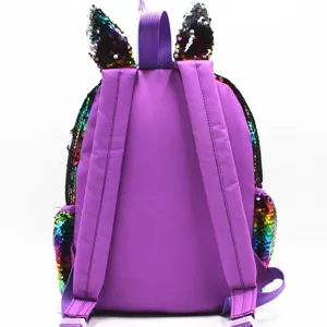 Cute purple unicorn backpack with rainbow mermaid sequins and adjustable straps, back view