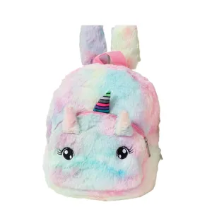 Cute plush unicorn backpack with colorful tie-dye fur and big embroidered eyes