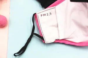 Detailansicht einer rosa Baumwollmaske mit Details zum internen PM2.5-Filterfach.