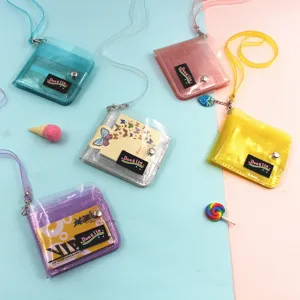 Set of five glittery transparent PVC lanyard wallets in vibrant colors for girls