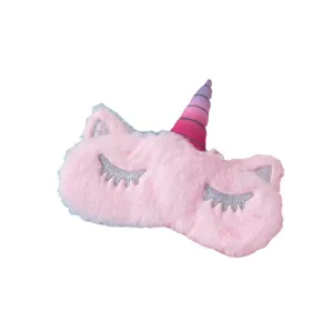 Soft plush pink unicorn sleep mask featuring silver sequin eyes and a colorful gradient horn