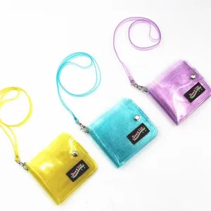 Transparent PVC glitter neck wallet with strap in yellow blue and purple