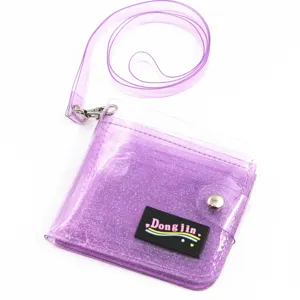 Purple glitter transparent PVC neck hanging small wallet for girls ID cards