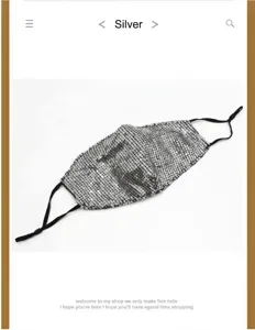 Silver sequined breathable face mask with adjustable black ear loops