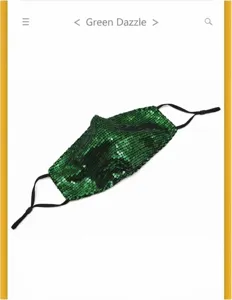 Shiny grass green sequin breathable mask featuring adjustable ear loops and filter pocket