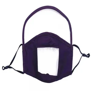 Violette Stoffmaske mit klarem Lippenlesefenster und Augenschutz