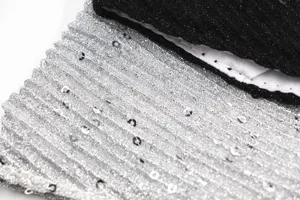 Macro detail showing the silver pleated fabric and shiny sequins of the ice silk face mask