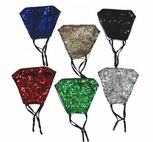 Detailed view of sequined face masks in six different colors with adjustable ear loops