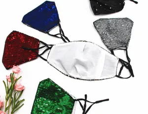 Close-up view of various colored sequined masks with adjustable straps and filter pocket