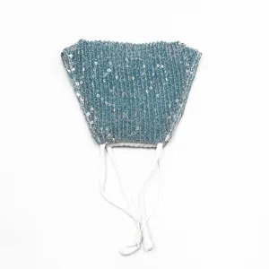 Stylish blue sequin face mask with adjustable white ear loops for summer sun protection