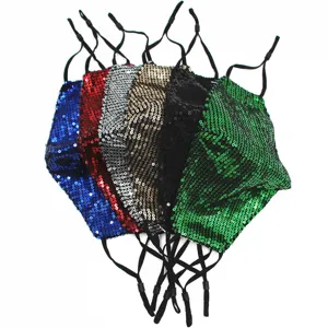 Various colorful sparkling sequin face masks with adjustable ear loops in fan layout