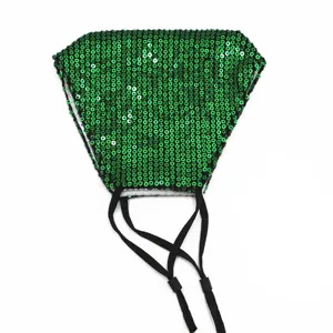 Sparkly green sequin face mask with adjustable black ear loops for breathable party style