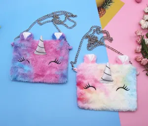 Two colorful unicorn plush crossbody bags with silver chain straps for kids and girls