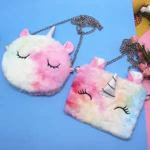 Detailed view of colorful rainbow plush unicorn bags with silver horns and chains