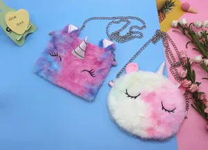 Two styles of dreamy colorful unicorn plush crossbody bags with silver chain straps for girls