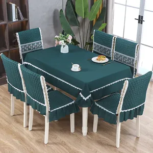 Ensemble nappe et housses de chaise vert foncé de style nordique avec bordure dentelle