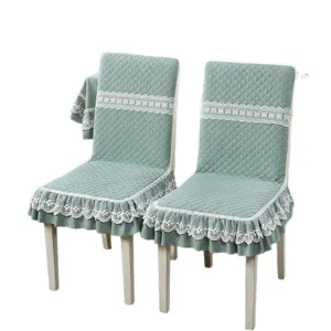 Sage green quilted dining chair cover set with elegant white lace trim and ruffles