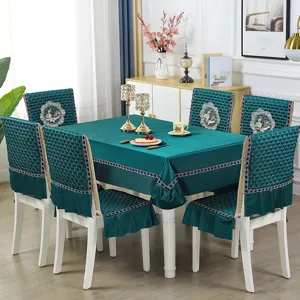Emerald green quilted tablecloth and matching chair cover set with elegant swan embroidery