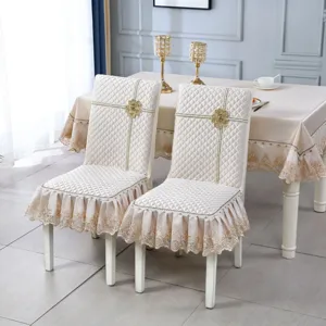 Quilted Embroidered Dining Chair Cover And Tablecloth Set Full Wrap Elastic Anti-Slip Protector Lace Ruffle Home Decor