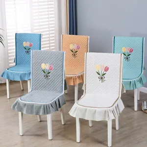 Minimalist Quilted Tulip Embroidered One-Piece Dining Chair Cover Slipcover Ruffle Hem Home Kitchen Decor