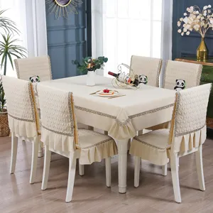 Minimalist cream chair covers and tablecloth set with cute panda embroidery detail