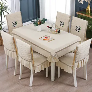 Cream dining table cloth and chair covers set featuring cute embroidered panda designs.