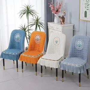 Set of four colors of quilted elastic curved chair covers with floral embroidery and ruffles