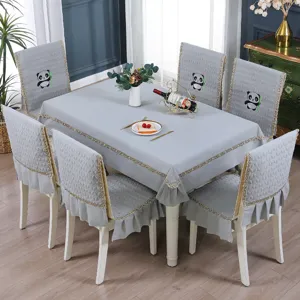 Grey tablecloth and chair cover set with cute panda embroidery and lace trim detail.