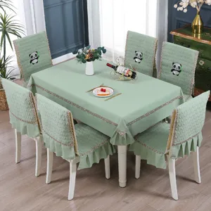 Sage green tablecloth and chair covers set with cute panda embroidery and ruffle edges