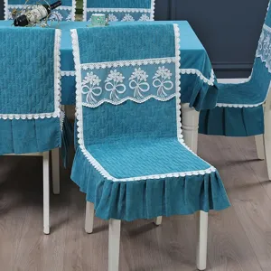 Elegant peacock blue thick velvet dining chair cover with lace floral embroidery