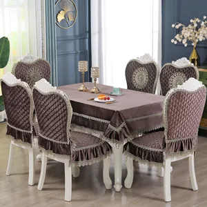 European Style Velvet Dining Chair Cover And Tablecloth Luxury Quilted Embroidered Lace Edge Home Table Decoration Set