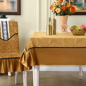 Luxury golden velvet chair cover and tablecloth set with quilted texture and ruffles