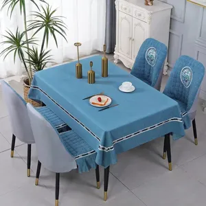 Complete blue dining table and chair cover set with elegant floral embroidery