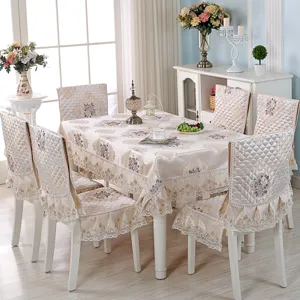 Elegant European style floral tablecloth and matching chair cover set with exquisite lace trim